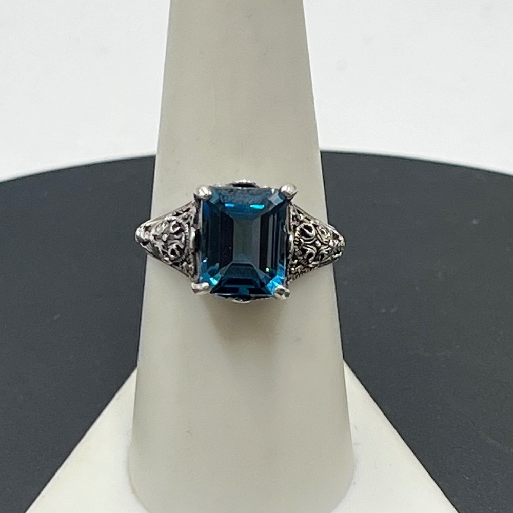 Estate 5ct Natural Swiss Blue Topaz Sterling Filigree Ring Sz 8.25